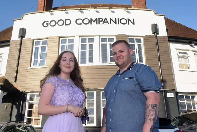 Molly Douch (16) from Milton, was told she could not attend her school prom at St Edmund's Catholic School down to her poor attendance as she has a chronic condition, Crohn’s disease. Molly's family and friends threw her a surprise prom at The Good Companion Pub in Portsmouth on Thursday, July 7.

Pictured is: Molly Douch (16) with landlord of The Good Companion pub Scott Donnelly.

Picture: Sarah Standing (070722-1384)