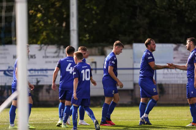 Baffins celebrate one of Tommy Scutt's hat-trick goals. Picture: Chris Moorhouse