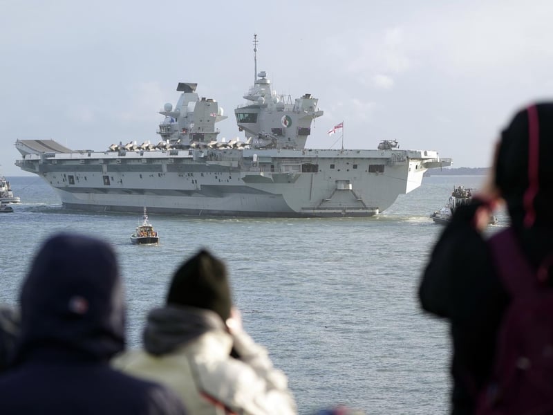 F35b jets line the deck of HMS Queen Elizabeth, as the Royal Navy aircraft carrier leaves Portsmouth Harbour. Picture date: Friday November 3, 2023. PA Photo.  Andrew Matthews/PA Wire