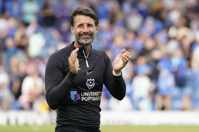 Pompey boss Danny Cowley applauds the Fratton faithful following the Blues' recent win against Peterborough