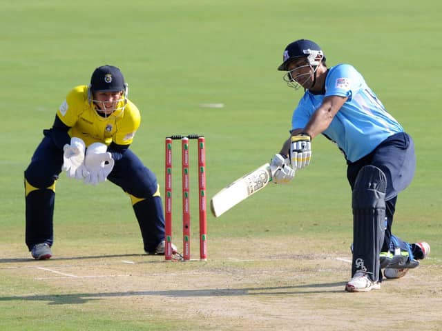 Azhar Mahmood of Auckland Aces hits out during the T20 Champions League qualifying group win against Hampshire in Pretoria, South Africa, in October 2012. Picture: Lee Warren / Gallo Images/Getty Images.