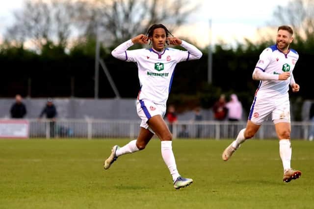 Substitute AJ Harris-Sealy celebrates after netting for Gosport at Metropolitan Police Picture: Tom Phillips