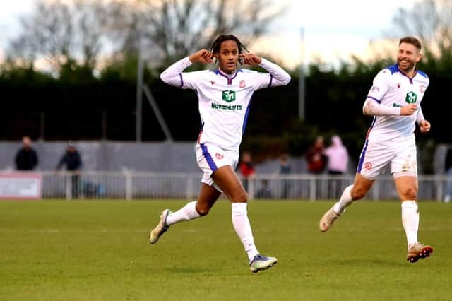 Substitute AJ Harris-Sealy celebrates after netting for Gosport at Metropolitan Police Picture: Tom Phillips