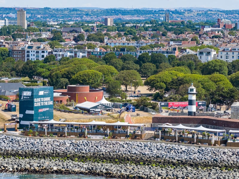 Drone shot of SailGP event in Southsea on Friday ahead of the weekend racing