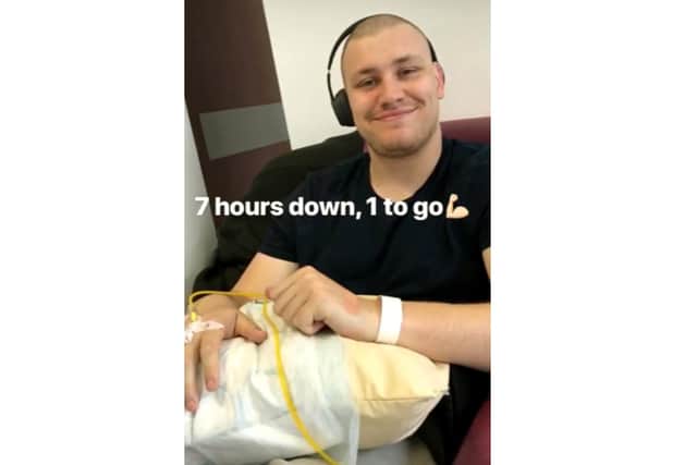 Having treatmentLeicester Tigers rugby player Joe Batley (23) from Gosport, has overcome cancer and is taking part in the Race for Life from home.