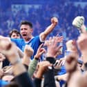 Enda Stevens celebrates winning the League Two title at Fratton Park against Cheltenham in May 2017. Picture: Joe Pepler/Digital South.