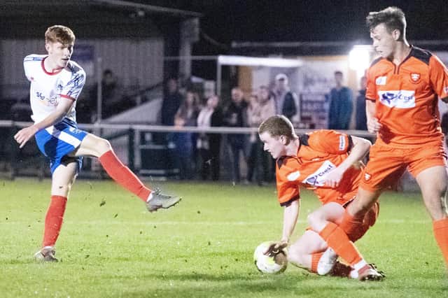 Tyler Stamp fires in a shot for Gosport Borough under-23s during at game at AFC Portchester in October. Picture: Colin Farmery.