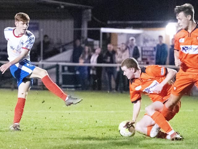 Tyler Stamp fires in a shot for Gosport Borough under-23s during at game at AFC Portchester in October. Picture: Colin Farmery.