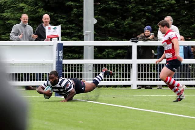 Havant's Jerome Trail goes over in the home defeat to Dorking. Picture: Sam Stephenson