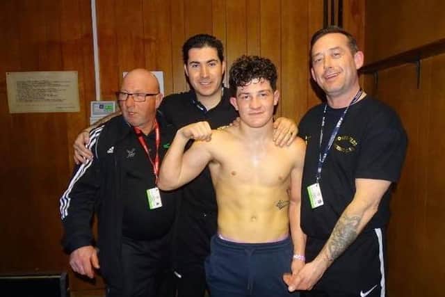 Moneyfields ABC coach Colin Hooker, far left,  with Joby Linn, second left, former Moneyfields ABC fighter Joseph Butler, third left, and Graham Thomson