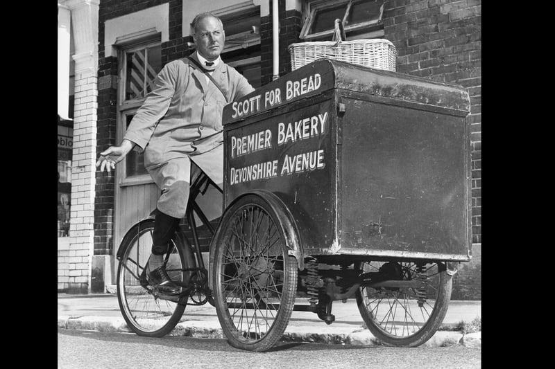 Denis Walters of Southsea delivering bread on his tricycle barrow in 1970. The News PP2063
