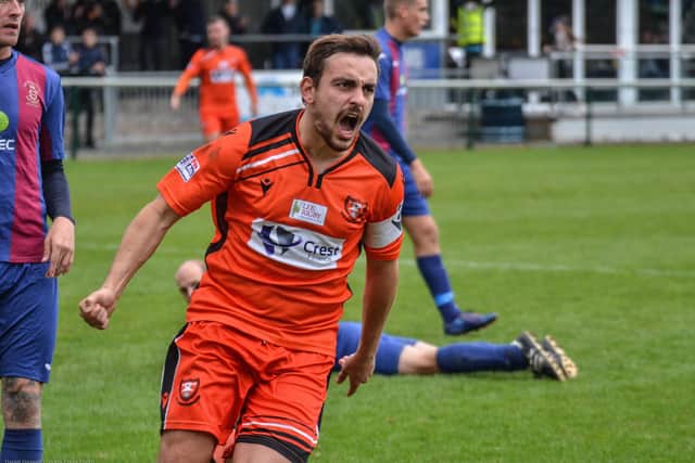 Rob Evans celebrates his goal for Portchester in last season's  FA Vase loss to US Portsmouth - this  weekend he will be lining up against the Royals for Moneyfields in the same tournament. Picture: Martyn White