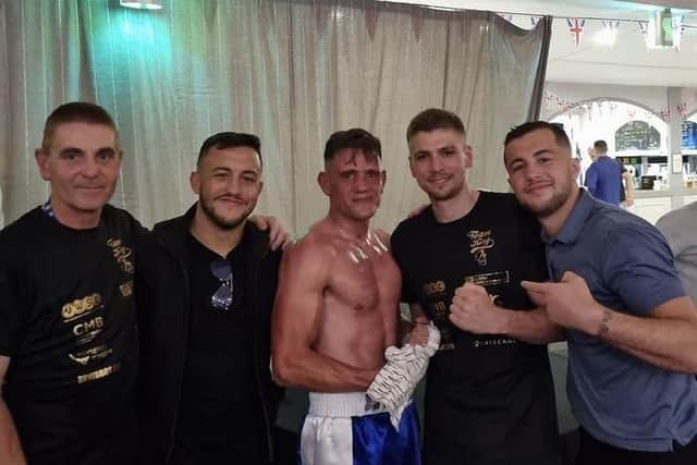 Liam Griffiths, centre, with, from left: trainer Miles Harding, Mikey McKinson, Matt King, second from right, and Lucas Ballingall