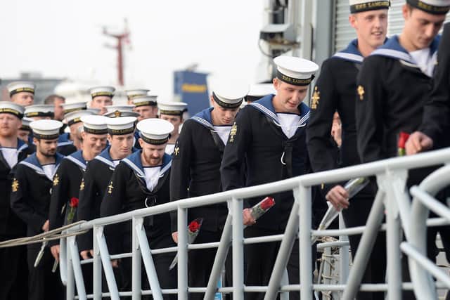 Sailors from HMS Lancaster return home to Portsmouth following a deployment. Photo: Royal Navy.