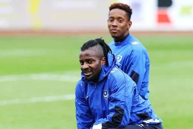 Stanley Aborah and team-mate Jamal Lowe warm-up before a Pompey game. Picture: Joe Pepler