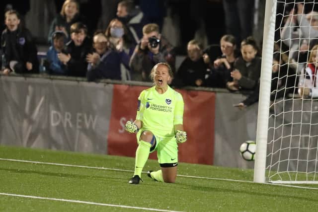 Hannah Haughton reacts after a penalty save. Picture by Dave Haines)