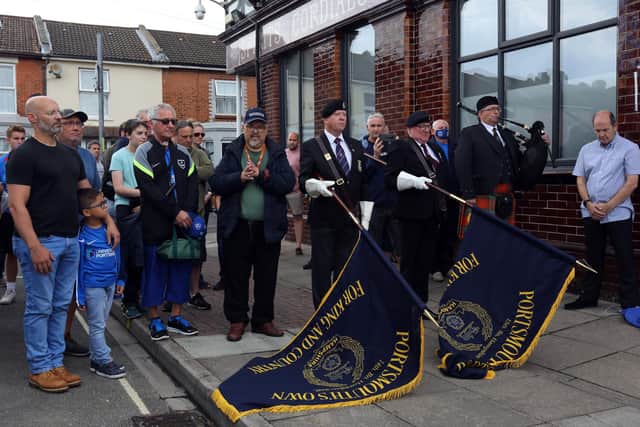 Standards are lowered. Unveiling of the new Pompey Pals information boards and new memorial to fallen Pompey players outside The Old Pompey Pub, Carisbrooke Road, Fratton
Picture: Chris Moorhouse (jpns 030922-18)