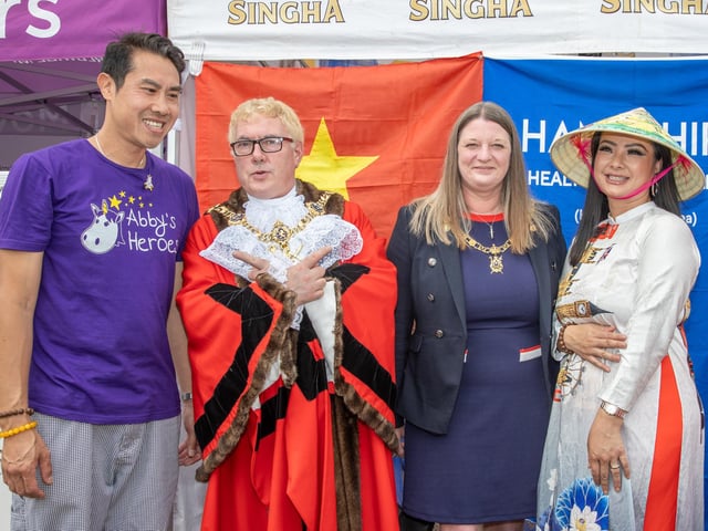 Southsea Common was transformed this weekend into a Thai craft and food extravanganza for the whole family.
Pictured - Lord Mayor Jason Fazackarley and Lady Mayoress Helen Mitchell posed with Lee and Lan Ong
Photos by Alex Shute