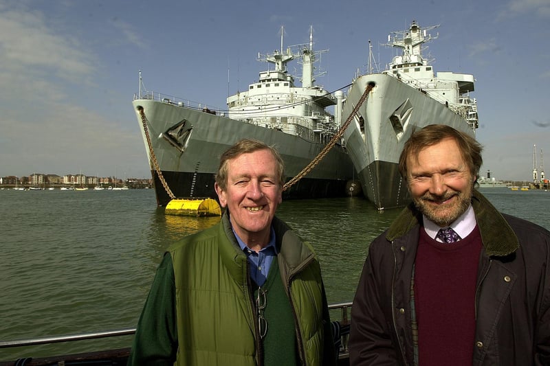 18th April 2006. HMS Intrepid (right), and HMS Fearless lay just off Gosport as they await their respective futures.Former crew, Commanders John Prime (right), and George Pearson take a boat trip to visit the ships. The News 061697-7