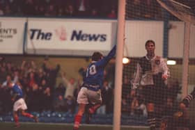 Steve Claridge celebrates his goal against Stockport in 1998. Pic: Steve Reid