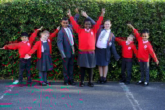 Ark Ayrton Primary Academy in Portsmouth, received a good Ofsted in September 2024.   Pictured is: (l-r) Arin, Isla, Lazarus, Alexia-Faith, Molly-Mai, Ronnie and Hiab.   Picture: Sarah Standing (011024-6848)