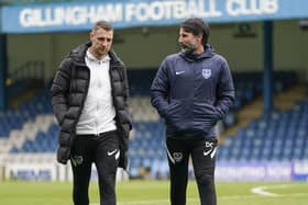 Lee Brown, left, with Danny Cowley before his Fratton Park departure in January