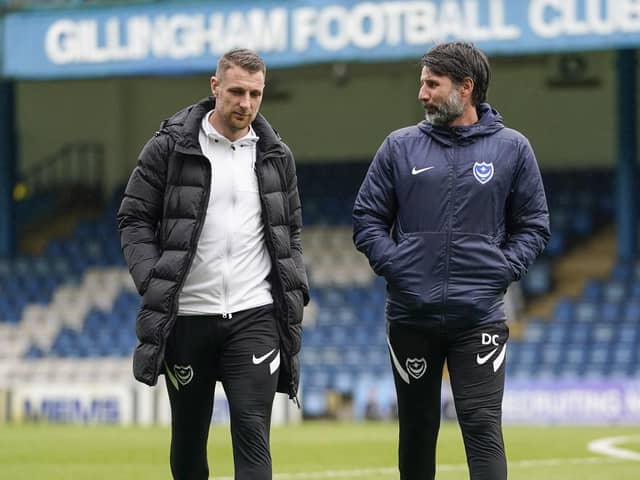 Lee Brown, left, with Danny Cowley before his Fratton Park departure in January