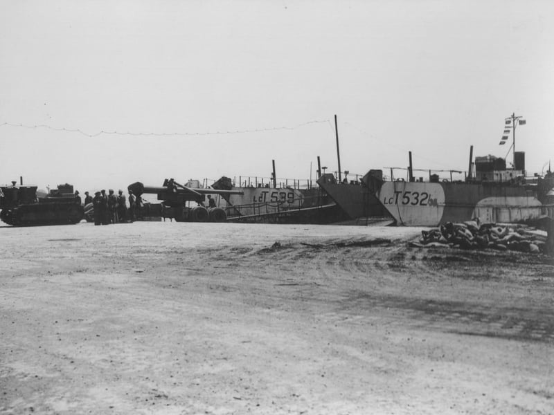 LCTs at the water's edge at a D-Day embarkation site at Gosport, most likely at Stokes Bay