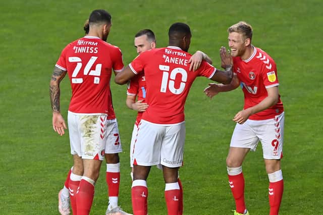 Jayden Stockley, right, celebrates with Chuks Aneke after scoring Charlton's first goal in their 3-1 win against Lincoln.  Picture: Justin Setterfield/Getty Images