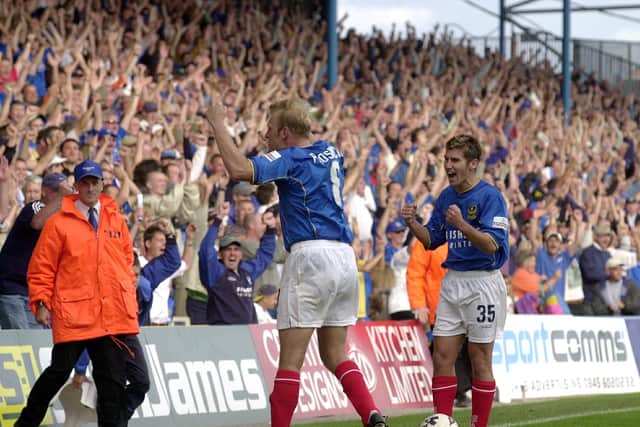 Robert Prosinecki and Mark Burchill celebrate during victory over Gillingham in September 2001