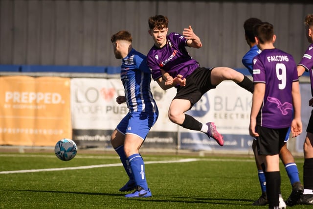 Action from the Portsmouth Youth League U15 Challenge Cup final between Bedhampton Youth (blue and white kit) and Gosport Falcons. Picture: Keith Woodland (190321-242)