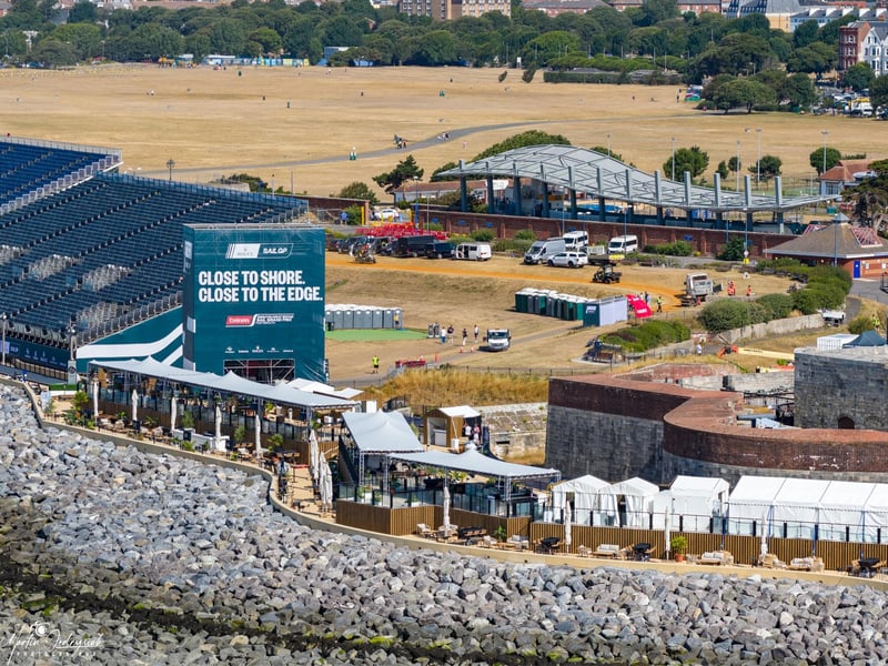 Drone shot of SailGP event in Southsea on Friday ahead of the weekend racing Marcin Jedrysiak
