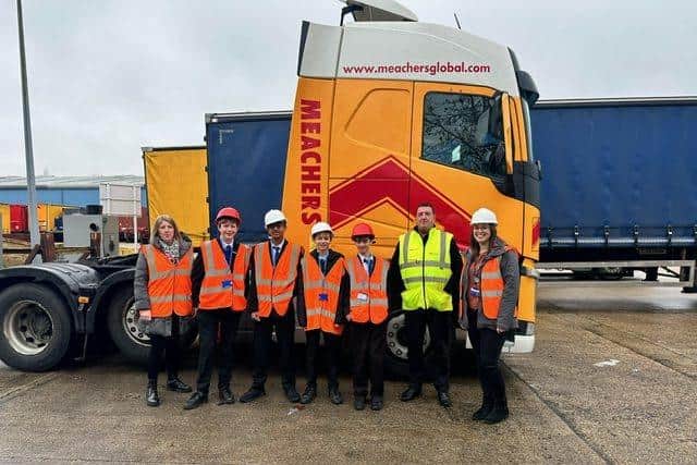 Katie Bruce from Solent Partners with students at Meachers Global Logistics during NAW 2024.