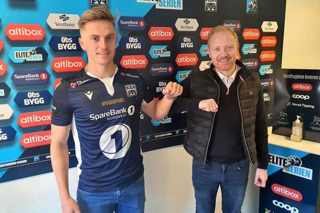 Snorre Nilsen celebrates top-flight club Kristiansund BK. Pictured with the club's director of sports, Kenneth Andre Leren