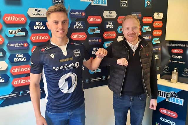 Snorre Nilsen celebrates top-flight club Kristiansund BK. Pictured with the club's director of sports, Kenneth Andre Leren