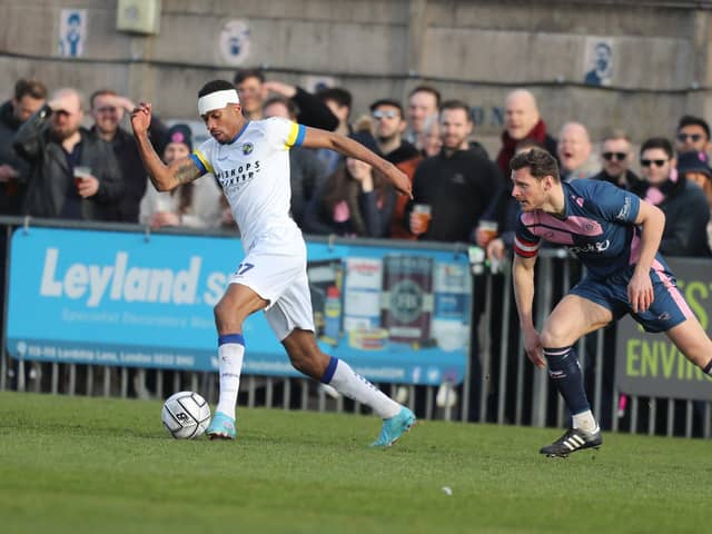 Match winner Manny Duku in action for Hawks during their impressive weekend win at Dulwich Hamlet.
Picture by Dave Haines