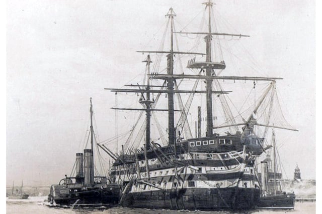 De-masted three decker in Portsmouth Harbour. This marvellous photograph of a Nelsonian/Napolionic wooden wall was loaned to us by William Tofts of Copnor.
