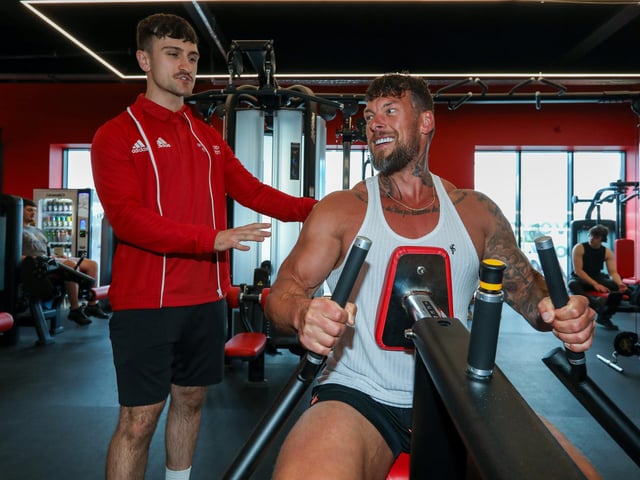 Assistant manager Reece Lambourne with Jamie Christian at Snap Fitness Fareham Picture: Chris Moorhouse (220624-24)