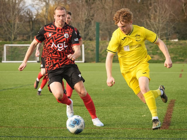Action from Harvest's 4-1 win at home to Locks Heath (red and black kit) in the Hampshire Premier League. Picture: Keith Woodland (180321-743)