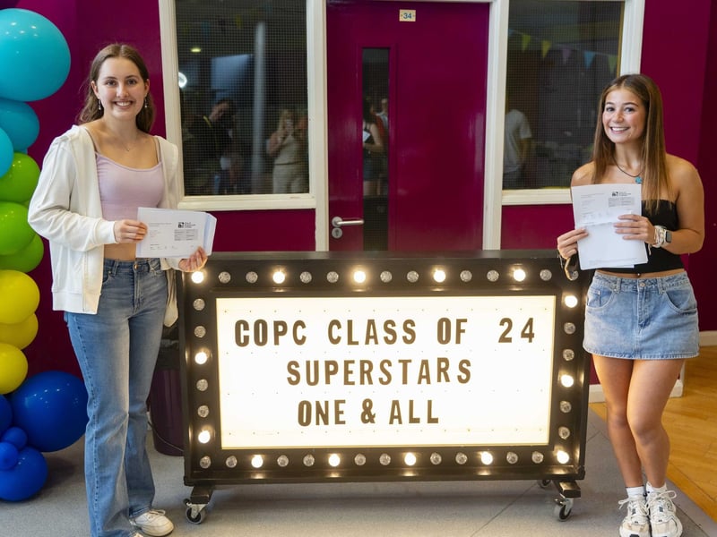 Lucy Campbell & Izzy Murphy-Farley celebrate their results at City of Portsmouth College results day 2024.