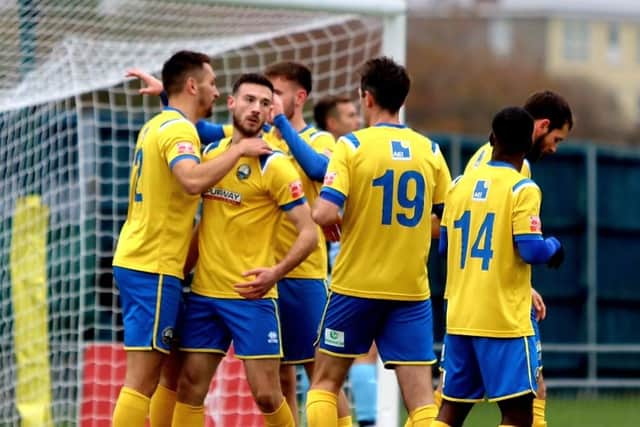 Gosport celebrate a goal during the win against Tiverton. Picture by Tom Phillips