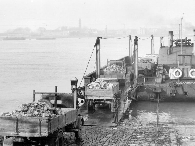 Lorries carrying hardcore from the St Paul's Square dump (previous photo) to Gosport for 'Admiralty Constructional Works' using the Floating Bridge. The lorries were going to dump their loads of rubble on the Gosport side at the D-Day embarkation hards that were being built at Hardway, Stokes Bay and Beach Street [where the Gosport Ferry arrives today]. The rubble formed the foundation of the embarkation 'hards' (concrete blocks on the beaches, to avoid them being churned up by vehicles) used by troops embarking onto landing craft for D-Day.