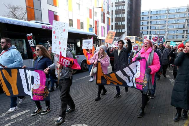 Striking teachers at the National Education Union rally in Guildhall Square, Portsmouth
Picture: Chris Moorhouse (jpns 010223-38)