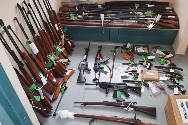 Dozens of firearms were handed in to police during a campaign to remove them from the streets. This includes a possible M16, a replica AK47, and a walking stick shotgun. Picture: Hampshire Constabulary.