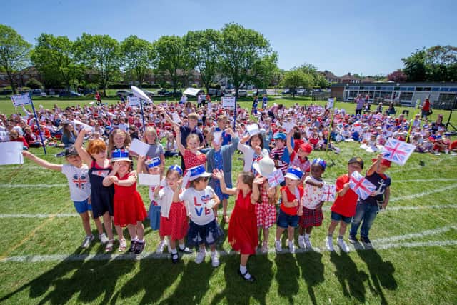 Schools across Portsmouth are holding Jubilee parties on Friday 27th May 2022Pictured: Pupils of Horndean Infant School, Horndean singing the national anthemPicture: Habibur Rahman