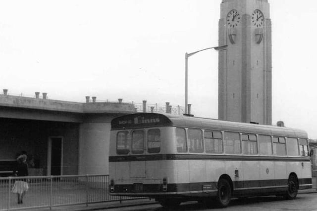 The number 1 bus in front of the clock tower at Seaton Carew bus station in June 1980. Photo: Hartlepool Library Service.