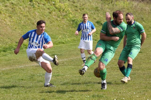 Action from Coach & Horses Albion's 2-1 win over Cowplain (all green kit) in their London Cup semi-final. Picture by Kevin Shipp