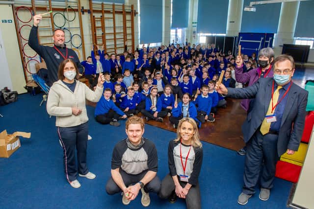 Organiser Ross Needham, head teacher - Ruth Worswick,  Rebecca Dudbridge and Tommie Eaton from Bambuubrush, Cllr Darren Sanders and Cllr Lynne Stagg with Westover pupils and their Babuubrush toothbrushes. Picture: Habibur Rahman