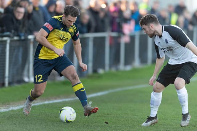 Moneyfields' Joe Briggs, left, had his side's best chances in the 0-0 draw with Bashley at the Victory Stadium.
Picture: Keith Woodland