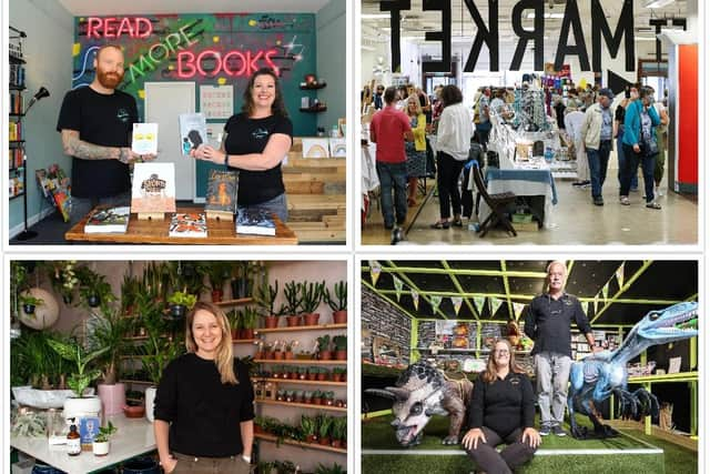 Top row, Pigeon Books and the We Create Market. Bottom Row, Liz Penman of Rose Glover and Dinosaur World.